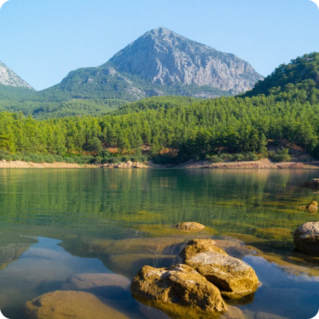 Forested mountain reflected in a clear lake