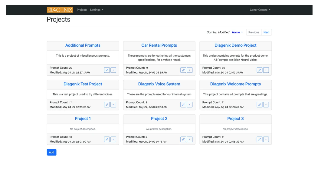 SimpleSpeak projects screen